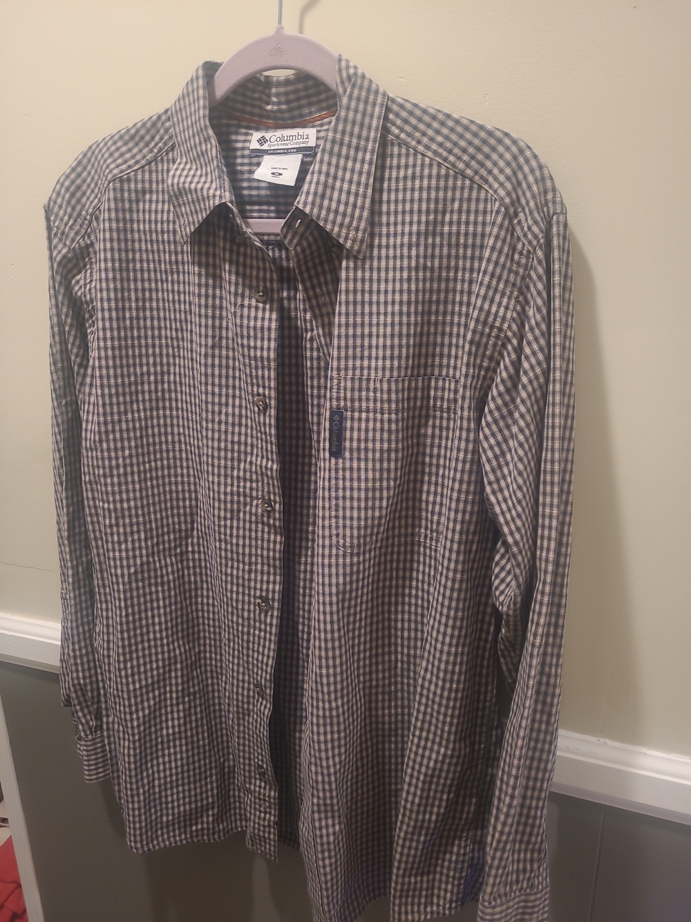 Columbia Shirt Men's Med Tan Plaid Button Down Long Sleeve Hike Casual Workwear - Picture 2 of 12
